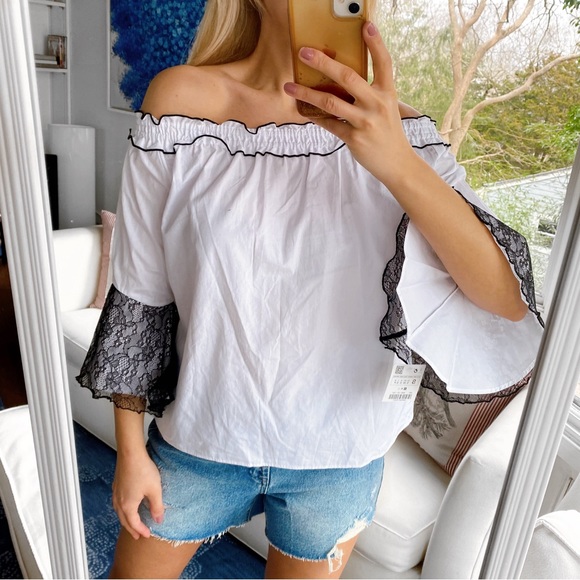 π² ZARA BOHO WHITE BLACK LACE BELL SLEEVE LOOSE FIT OPEN SHOULDER RUFFLE TOP! - Picture 4 of 16